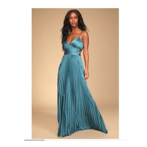 Lulus Got the Glam Teal Pleated Cutout Maxi Dress